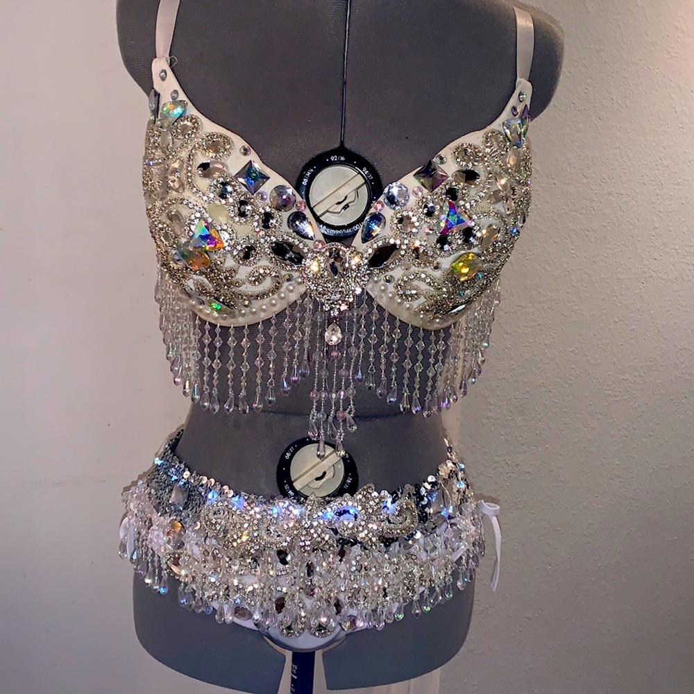 EDC set white iridescent rhinestones beaded fringe